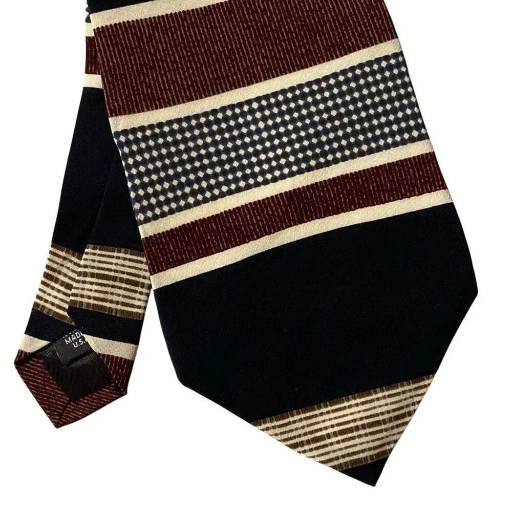 John Henry 100% Silk Tie Beige Black Burgundy Striped Made in USA Vintage NWT